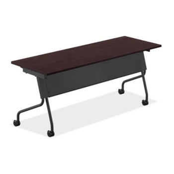 espresso table with black legs and metal back on wheels